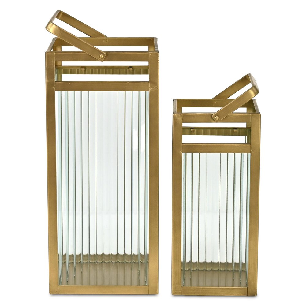 Set of Two Gold Metal Floor Lantern Candle Holders HomeRoots