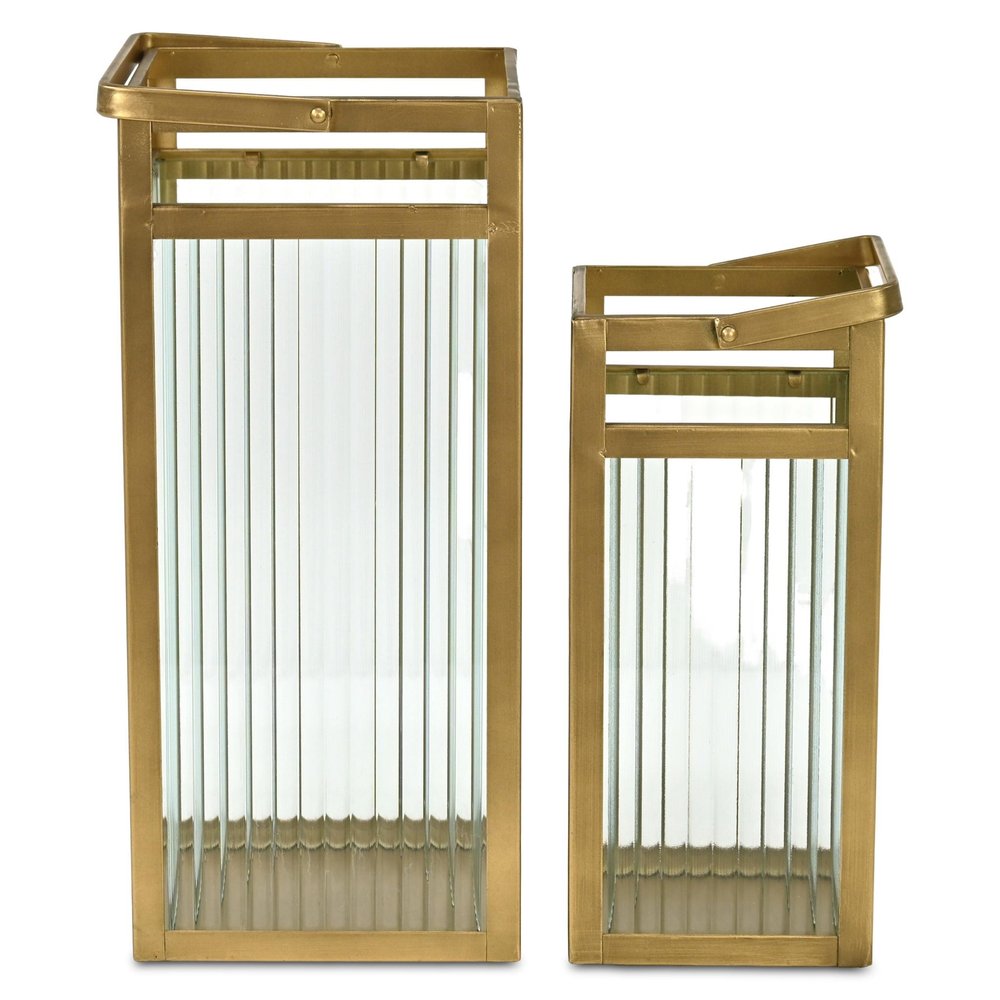 Set of Two Gold Metal Floor Lantern Candle Holders HomeRoots