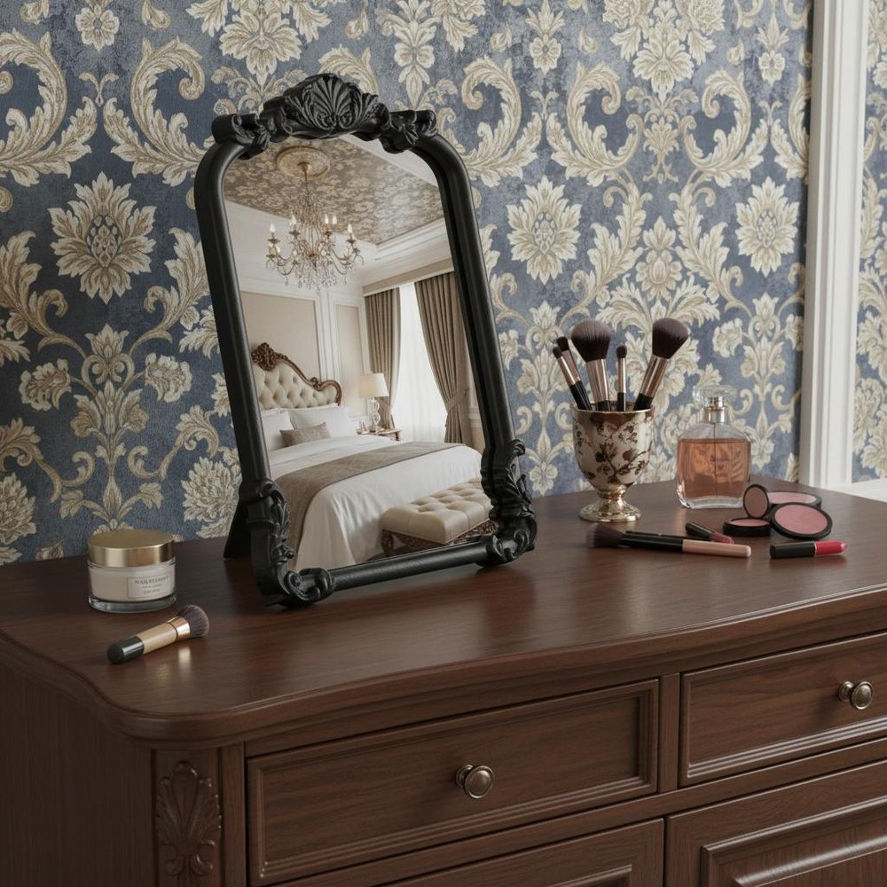 12" Black Solid Wood Scalloped Framed Makeup Shaving Tabletop Mirror HomeRoots