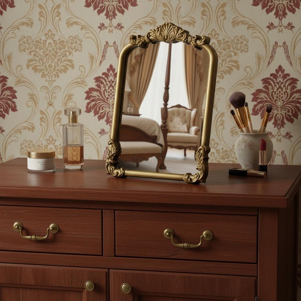 12" Gold Solid Solid Wood Scalloped Framed Makeup Shaving Tabletop Mirror HomeRoots