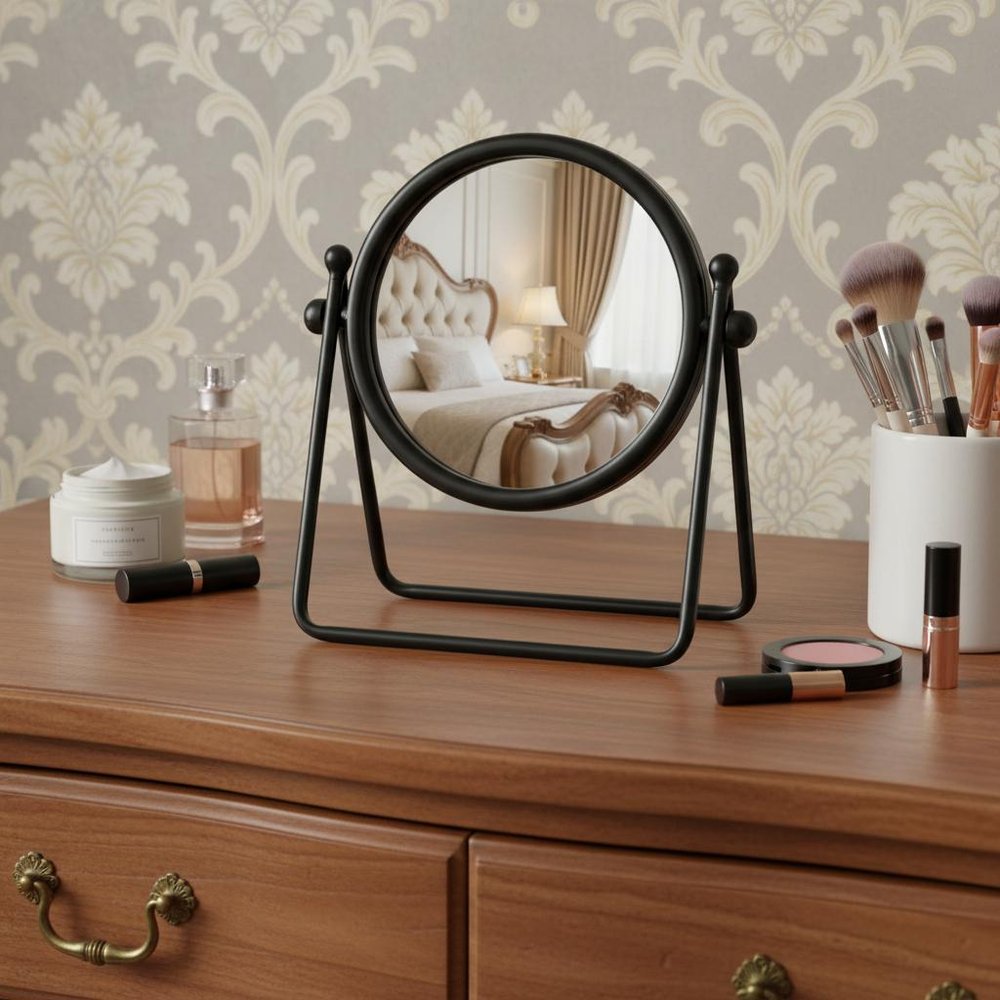10" Black Metal Round Framed Adjustable Makeup Shaving Tabletop Mirror — view 9