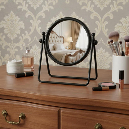 10" Black Metal Round Framed Adjustable Makeup Shaving Tabletop Mirror HomeRoots