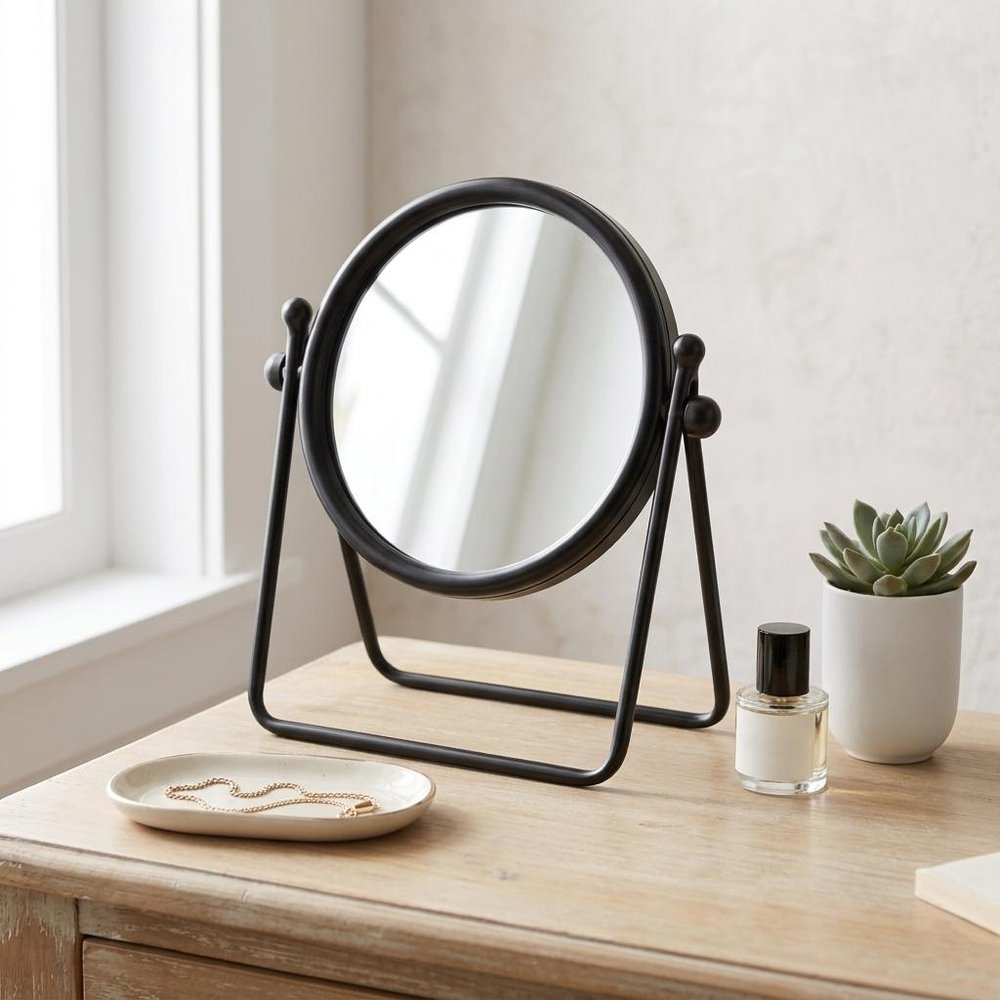 10" Black Metal Round Framed Adjustable Makeup Shaving Tabletop Mirror HomeRoots
