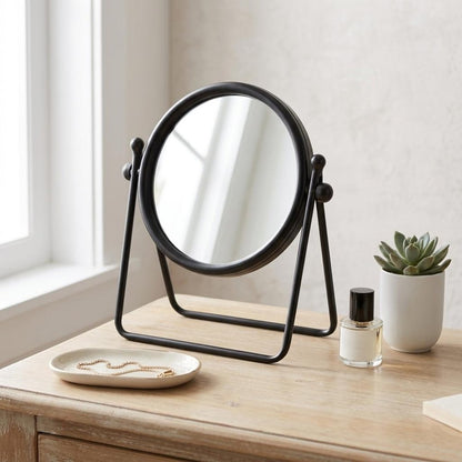 10" Black Metal Round Framed Adjustable Makeup Shaving Tabletop Mirror HomeRoots