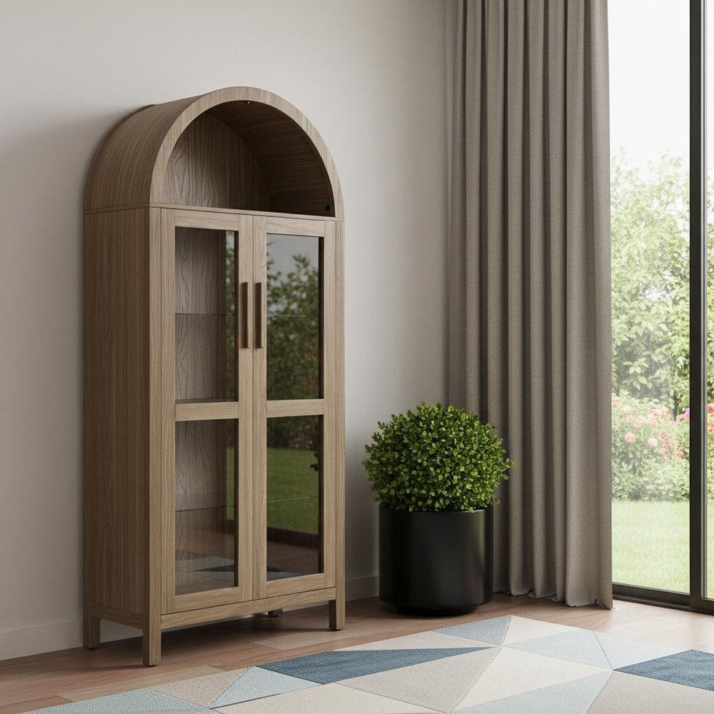 67" Brown Wood Oval Accent Cabinet With Two Doors HomeRoots
