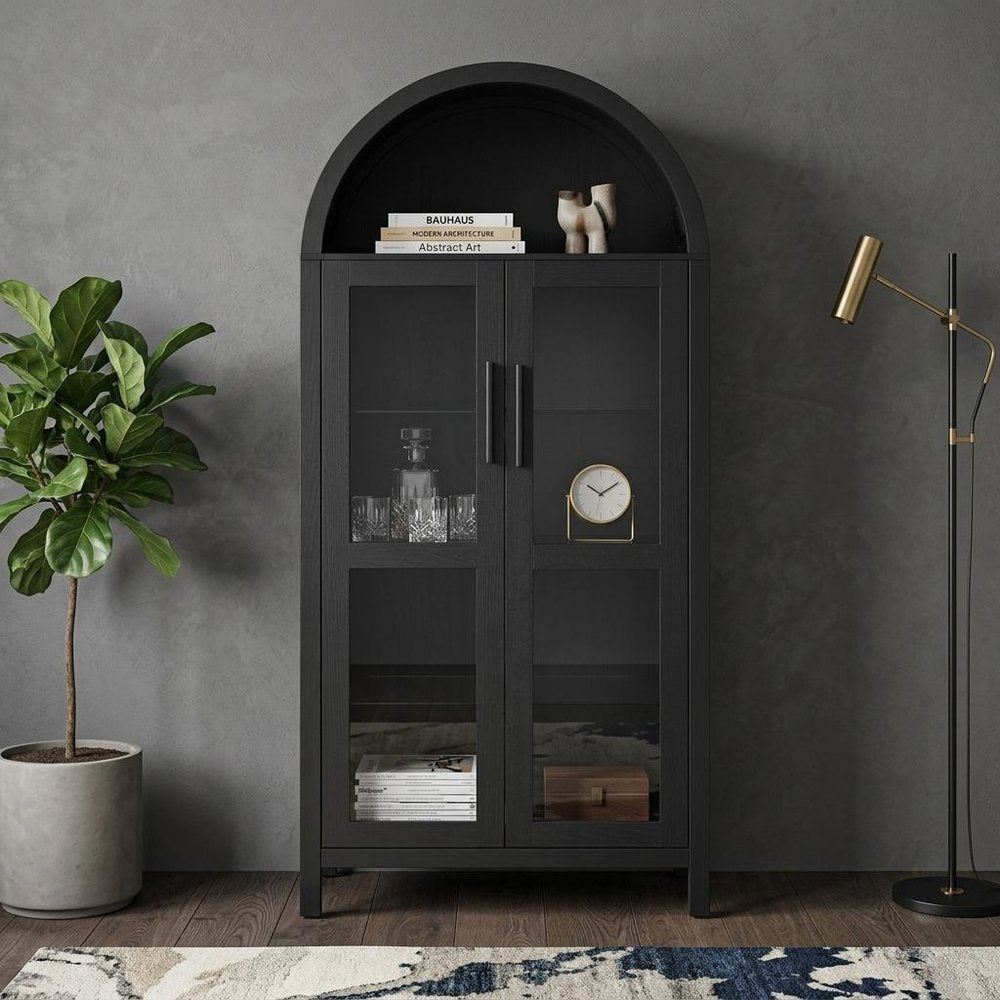 30" Black Wood Oval Accent Cabinet With Two Doors HomeRoots