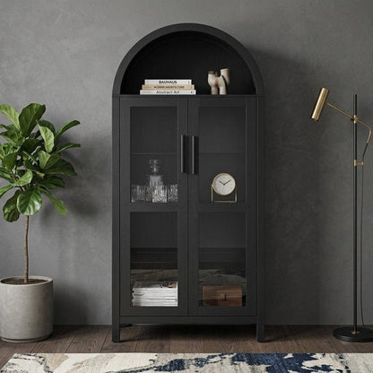 30" Black Wood Oval Accent Cabinet With Two Doors HomeRoots