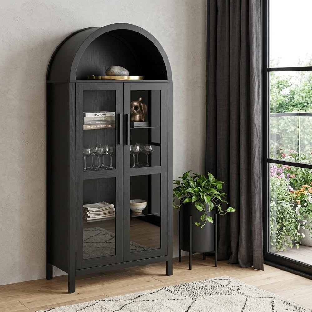 30" Black Wood Oval Accent Cabinet With Two Doors HomeRoots