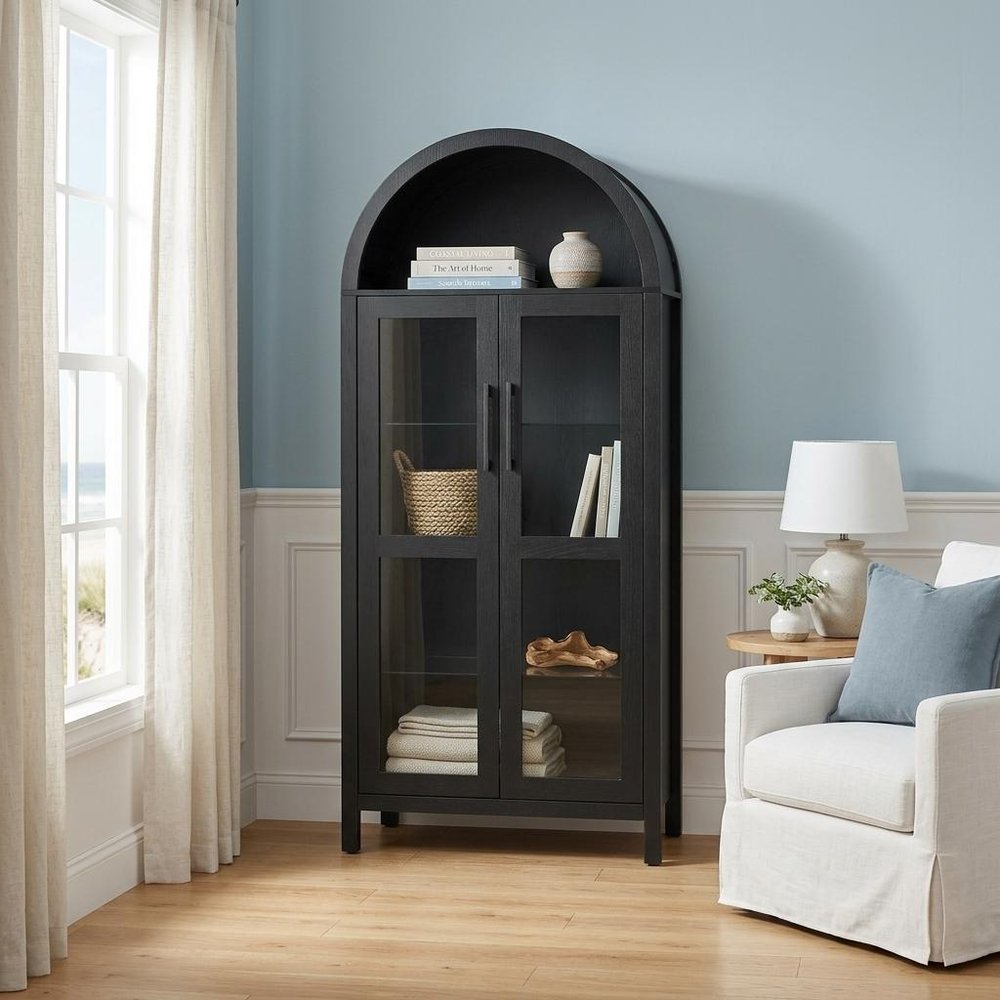 30" Black Wood Oval Accent Cabinet With Two Doors HomeRoots