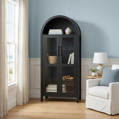 30" Black Wood Oval Accent Cabinet With Two Doors HomeRoots