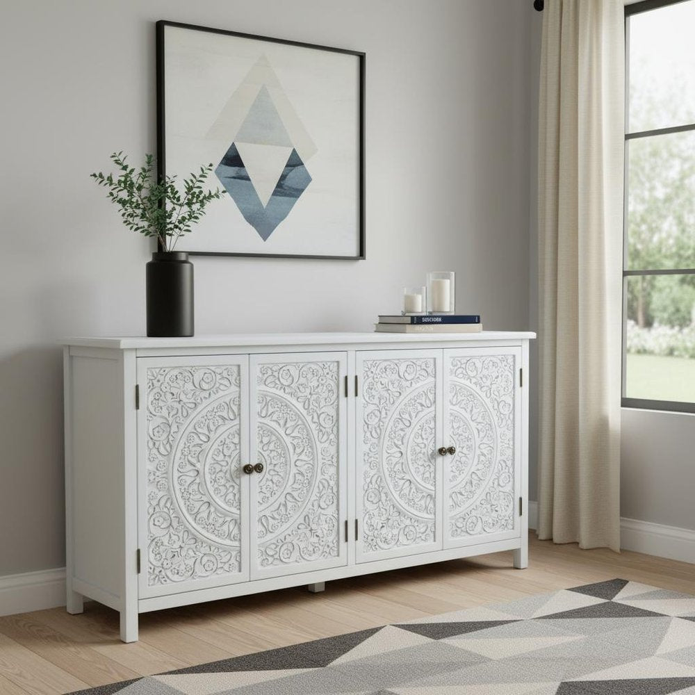 60" White Wood Sideboard With Four Doors HomeRoots