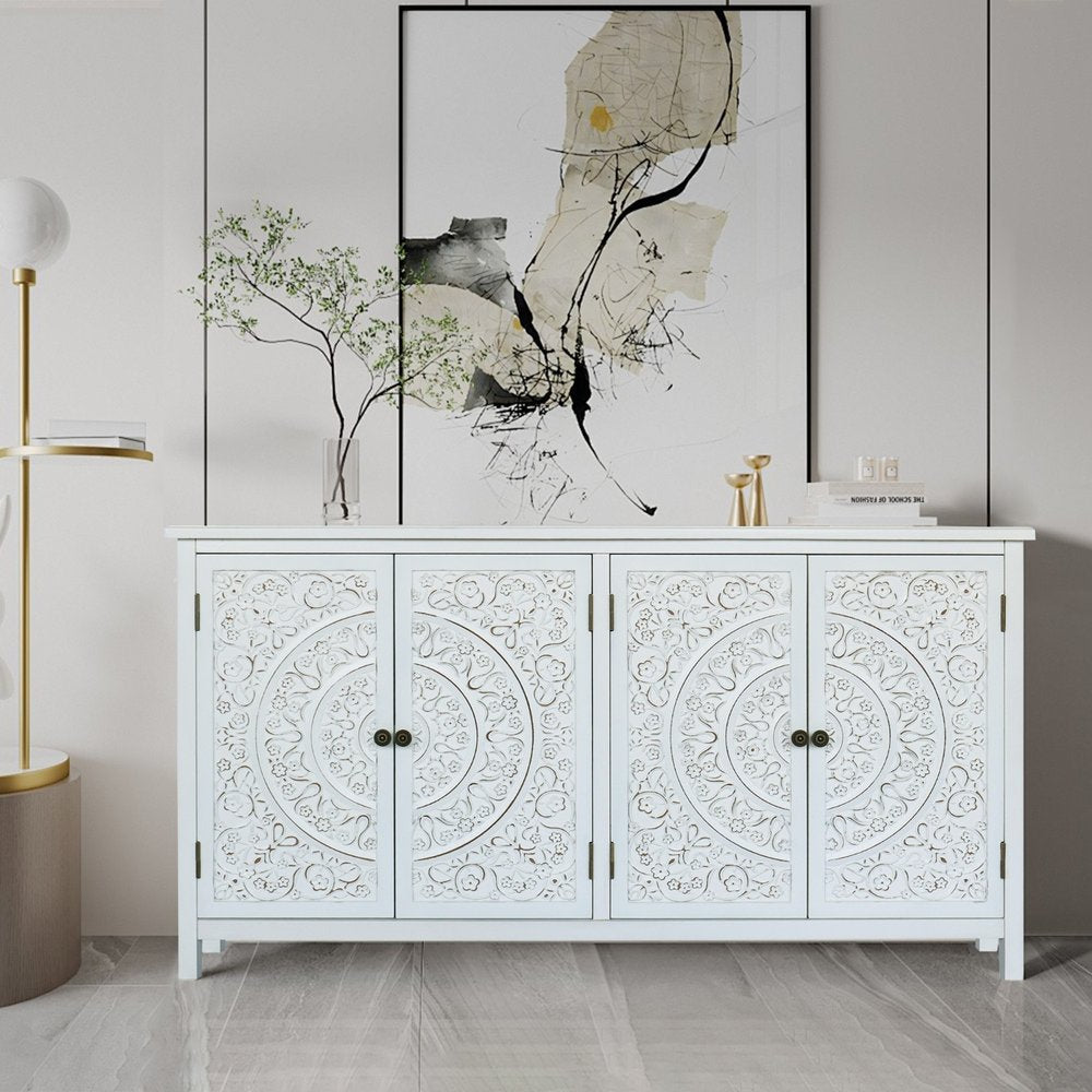 60" White Wood Carved Floral Sideboard With Four Doors HomeRoots