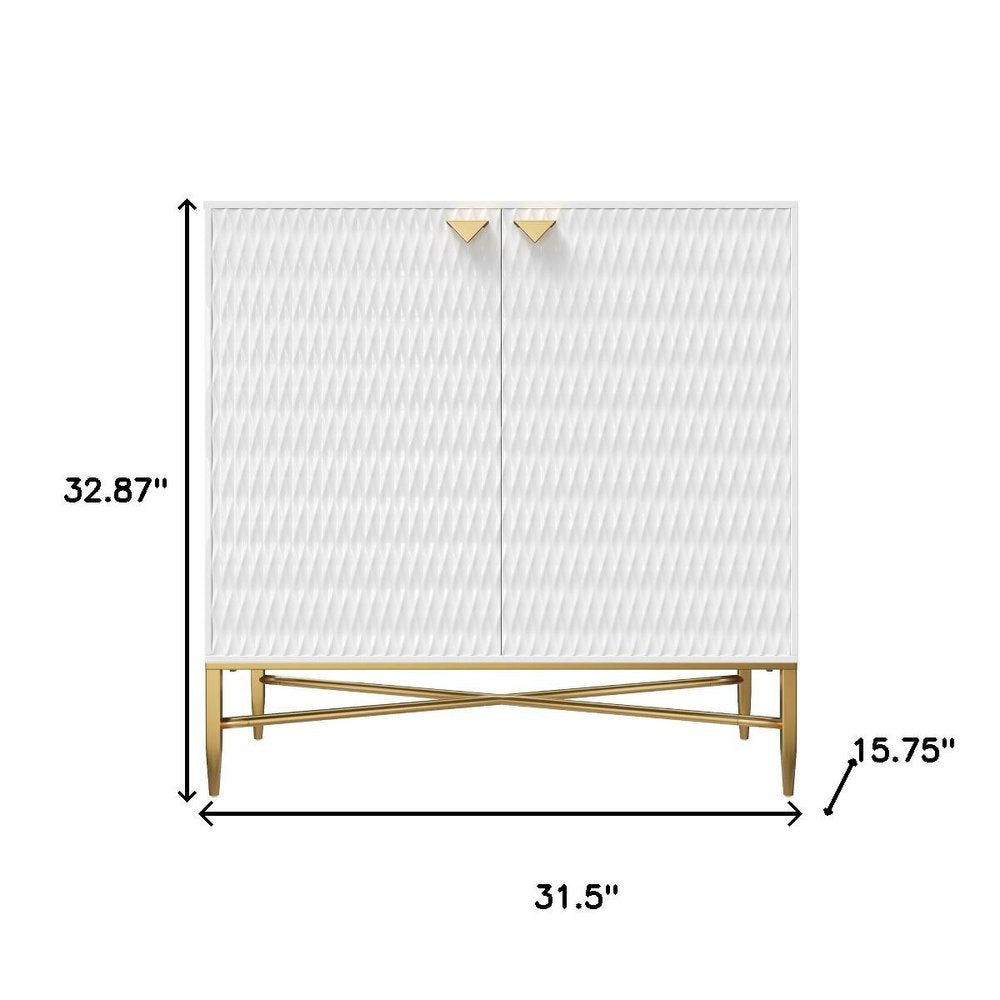 32" White and Gold Wood Accent Cabinet With Two Doors HomeRoots