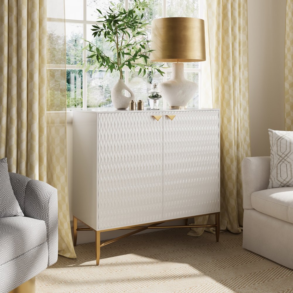 32" White and Gold Wood Accent Cabinet With Two Doors HomeRoots