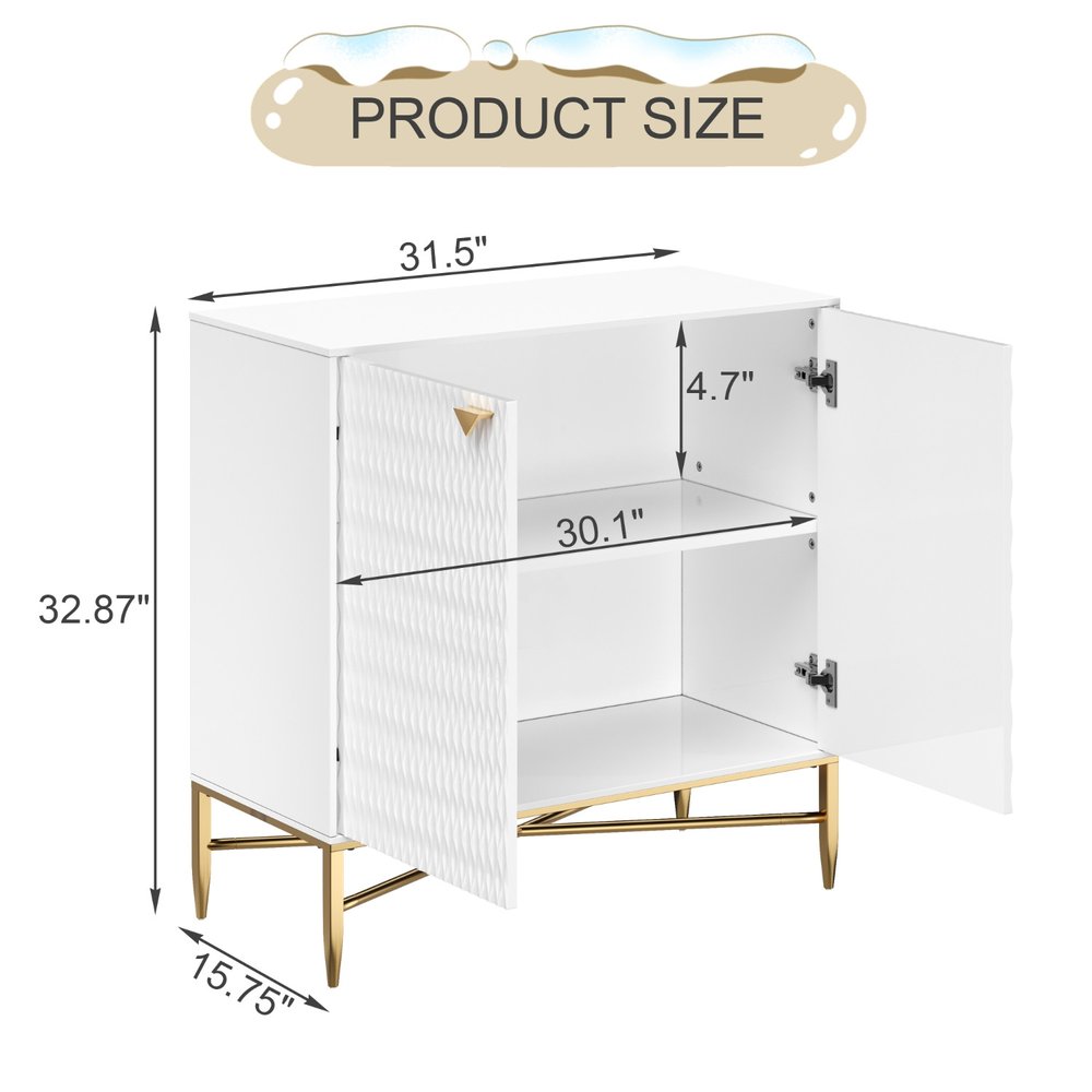 32" White and Gold Wood Accent Cabinet With Two Doors HomeRoots