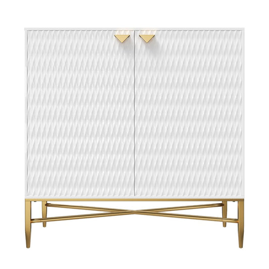 32" White and Gold Wood Accent Cabinet With Two Doors