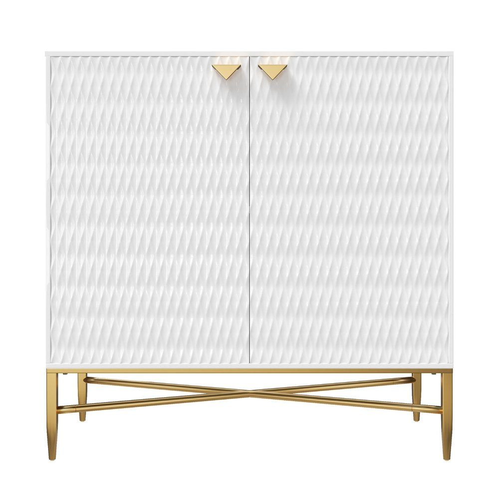 32" White and Gold Wood Accent Cabinet With Two Doors HomeRoots