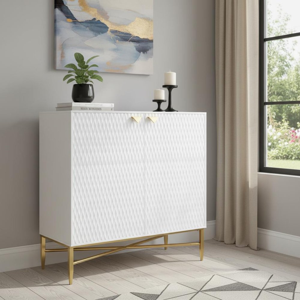 32" White and Gold Wood Accent Cabinet With Two Doors HomeRoots