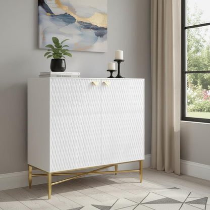 32" White and Gold Wood Accent Cabinet With Two Doors HomeRoots