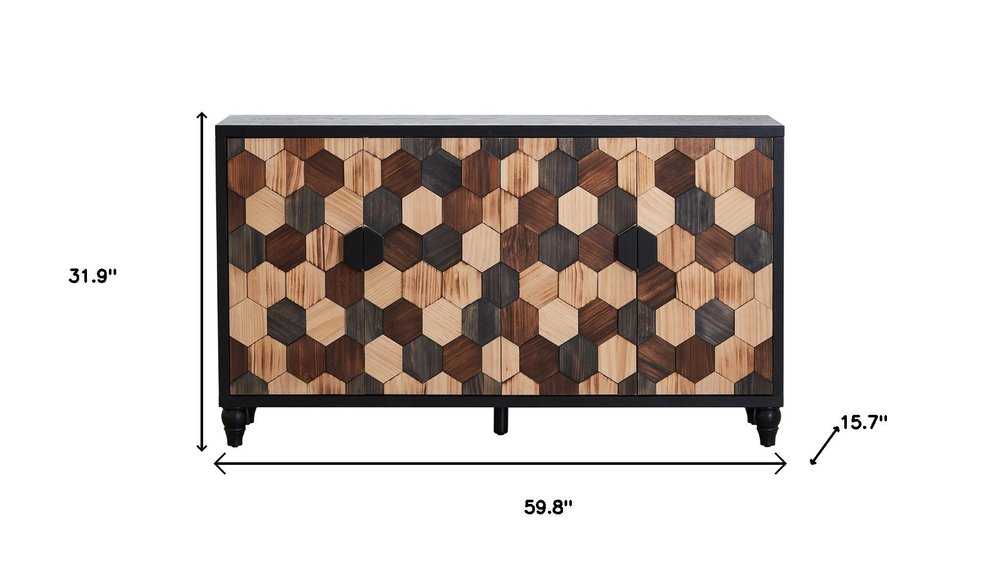 60" Brown Wood Carved Geometric Sideboard With Four Doors — view 4