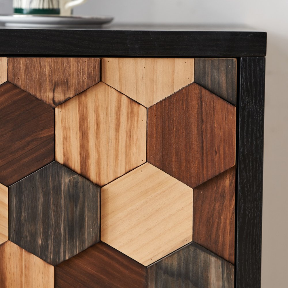 60" Brown Wood Carved Geometric Sideboard With Four Doors — view 1