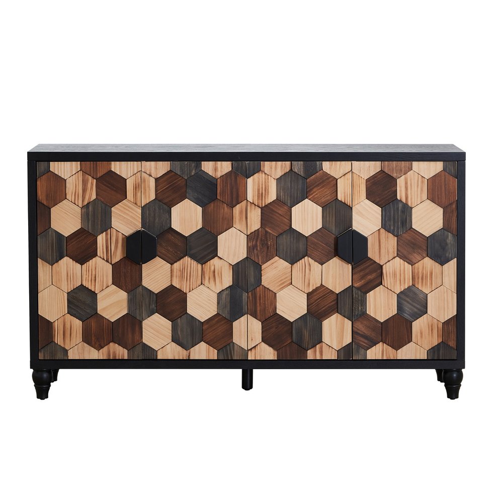 60" Brown Wood Carved Geometric Sideboard With Four Doors — view 3