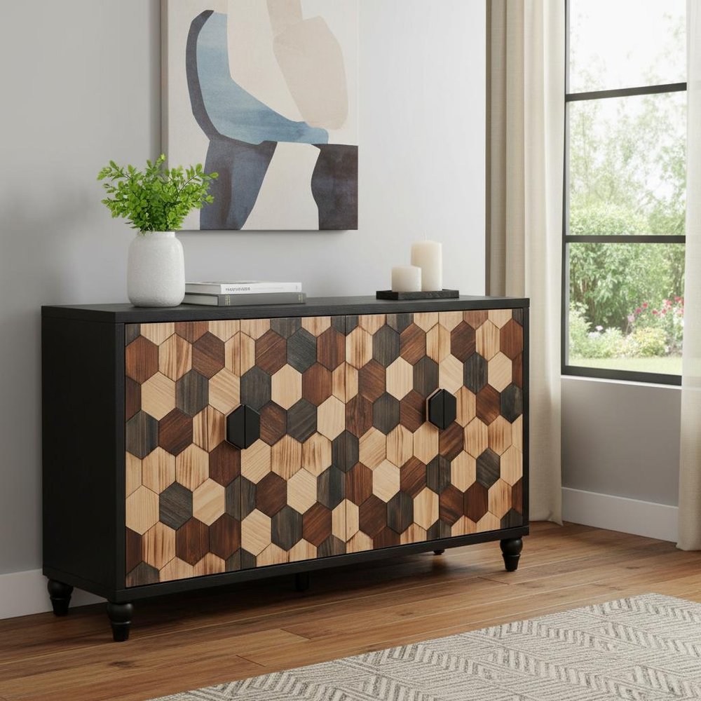 60" Brown Wood Carved Geometric Sideboard With Four Doors — view 5