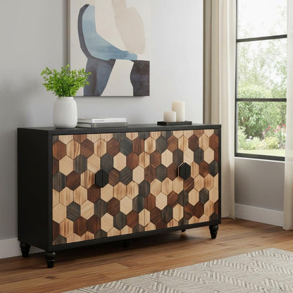 60" Brown Wood Carved Geometric Sideboard With Four Doors