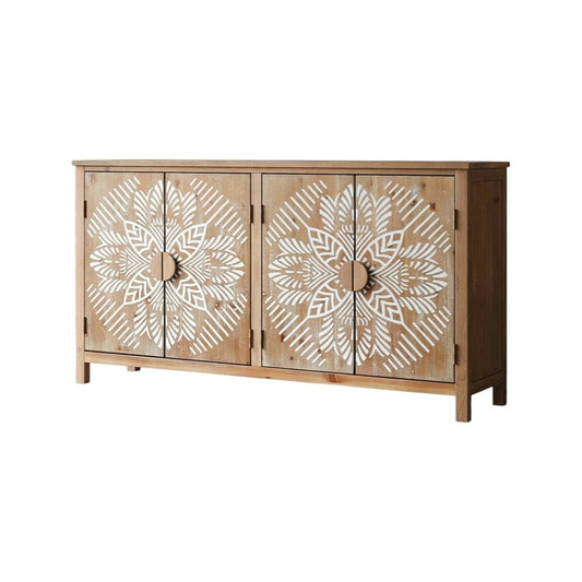 60" Brown and White Wood Carved Floral Accent Cabinet With Four Doors HomeRoots