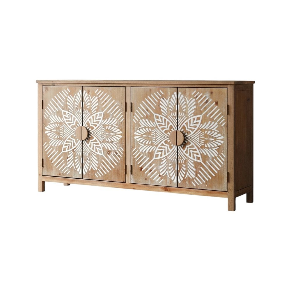 60" Brown and White Wood Carved Floral Accent Cabinet With Four Doors HomeRoots