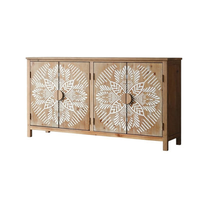 60" Brown and White Wood Carved Floral Accent Cabinet With Four Doors HomeRoots