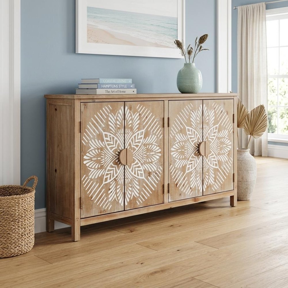 60" Brown and White Wood Carved Floral Accent Cabinet With Four Doors HomeRoots