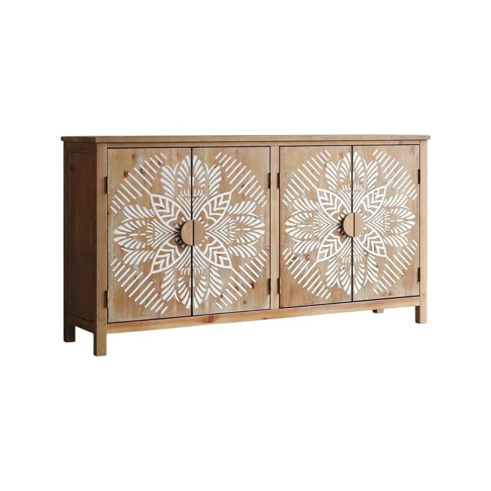 60" Brown and White Wood Carved Floral Accent Cabinet With Four Doors HomeRoots