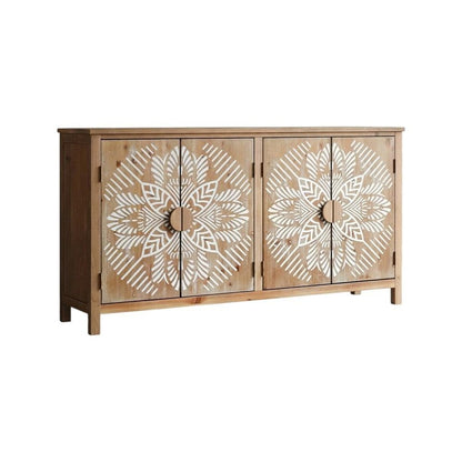 60" Brown and White Wood Carved Floral Accent Cabinet With Four Doors HomeRoots
