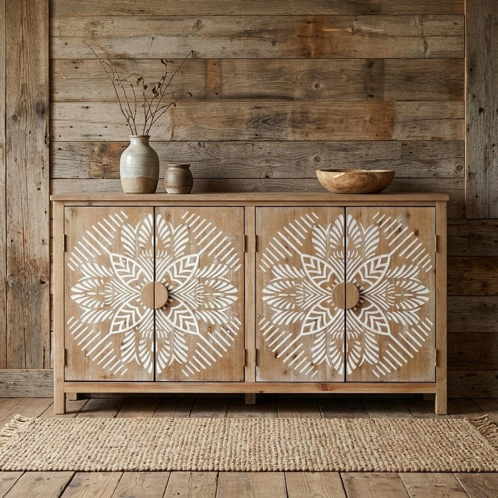 60" Brown and White Wood Carved Floral Accent Cabinet With Four Doors HomeRoots