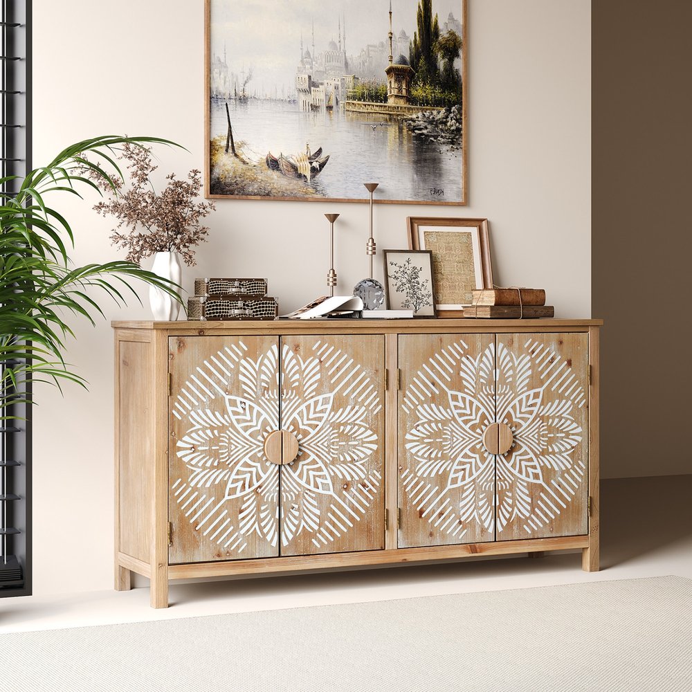 60" Brown and White Wood Carved Floral Accent Cabinet With Four Doors HomeRoots