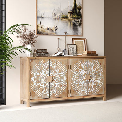 60" Brown and White Wood Carved Floral Accent Cabinet With Four Doors HomeRoots