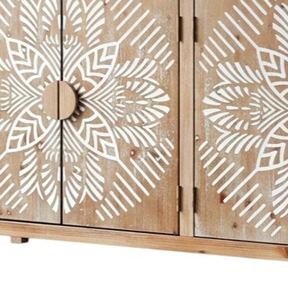 60" Brown and White Wood Carved Floral Accent Cabinet With Four Doors HomeRoots