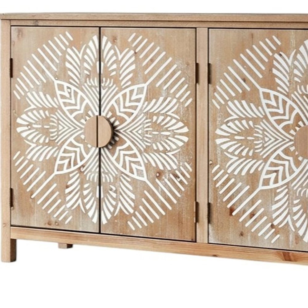 60" Brown and White Wood Carved Floral Accent Cabinet With Four Doors HomeRoots