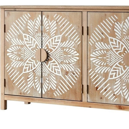 60" Brown and White Wood Carved Floral Accent Cabinet With Four Doors HomeRoots