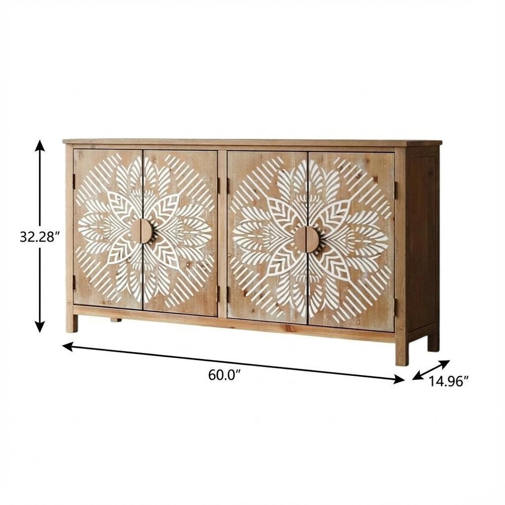 60" Brown and White Wood Carved Floral Accent Cabinet With Four Doors HomeRoots