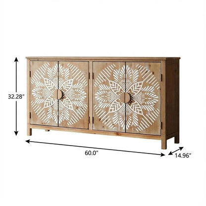60" Brown and White Wood Carved Floral Accent Cabinet With Four Doors HomeRoots