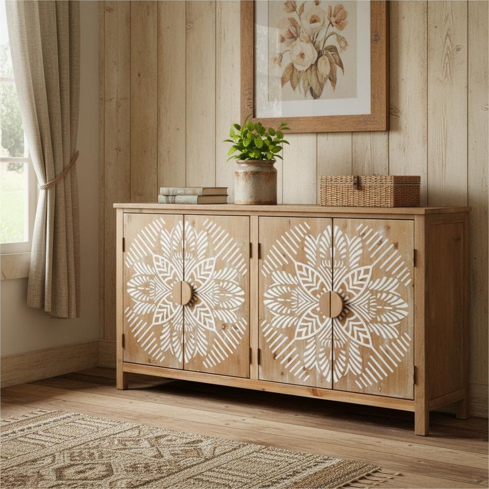 60" Brown and White Wood Carved Floral Accent Cabinet With Four Doors HomeRoots
