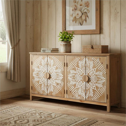 60" Brown and White Wood Carved Floral Accent Cabinet With Four Doors HomeRoots