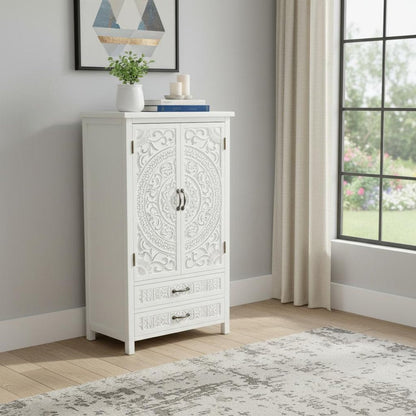 27" White Wood Accent Cabinet With Two Doors And Two Drawers HomeRoots