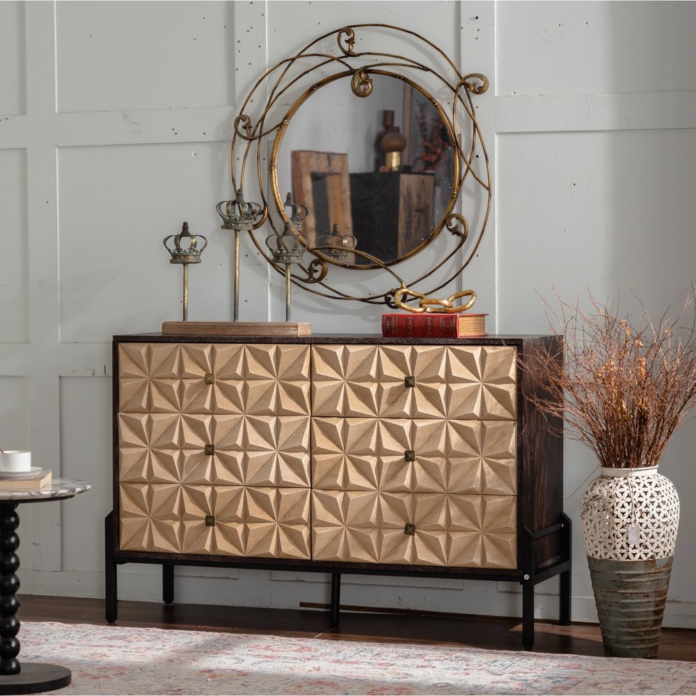 48" Gold and Black Wood Accent Cabinet With Six Drawers HomeRoots