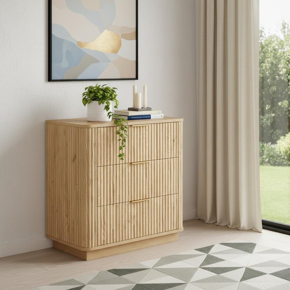 28" Oak Ribbed Texture Wood Three Drawer Dresser HomeRoots