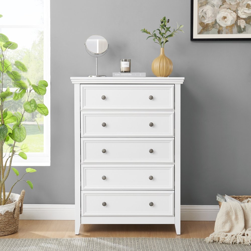 32" White Wood Accent Cabinet With Five Drawers HomeRoots