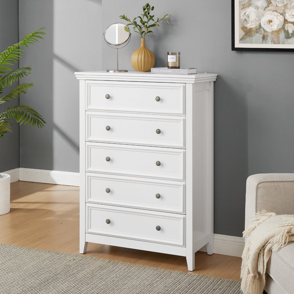 32" White Wood Accent Cabinet With Five Drawers HomeRoots