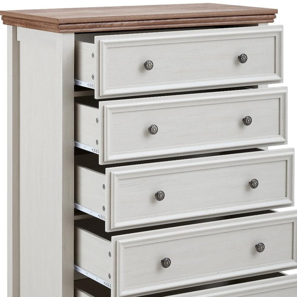 32" Beige And Brown Wood Five Drawer Dresser